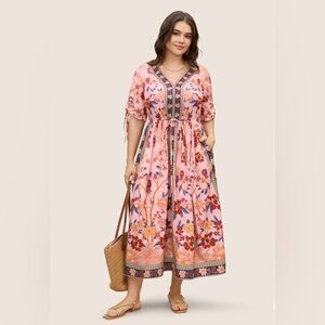 Boho Print V Neck Drawstring Dress - Bloomchic